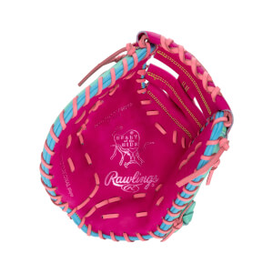 Palm view of a hot pink first base mitt with light blue and teal lacing, featuring the Rawlings and Heart of the Hide logos stamped in the center of the pocket.