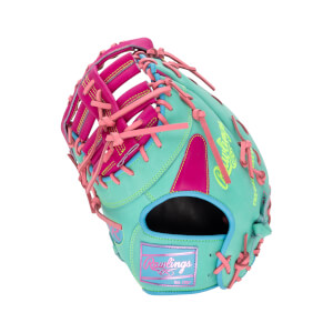 Back view of a teal first base mitt with pink laces and accents, neon green "Rawlings" embroidery, and a pink wrist patch reading "Rawlings Est. 1887".