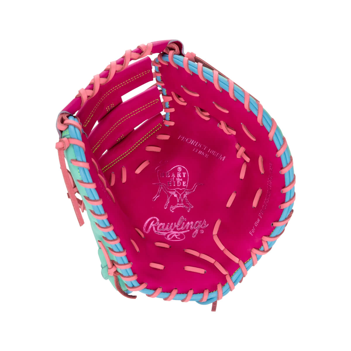Front interior view of a pink first base mitt with light blue trim, pink laces, and the embossed "Rawlings" and "HEART of the HIDE" logos.