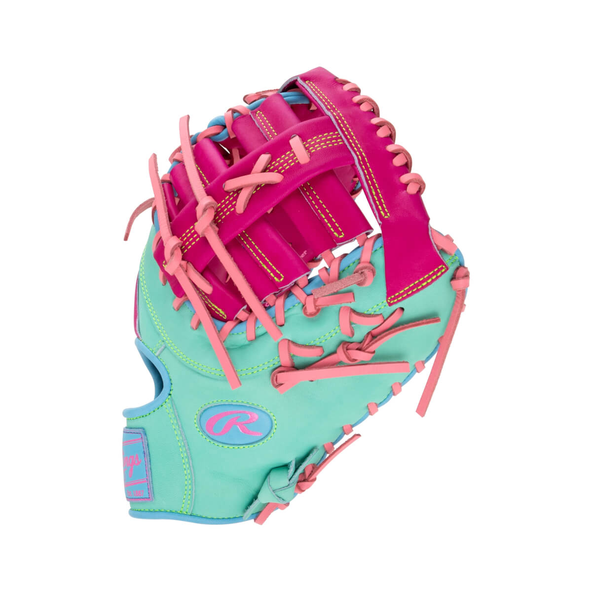 Front view of a teal and pink first base mitt featuring light pink laces, a teal and pink Rawlings "R" logo, and a "Rawlings" wrist patch.