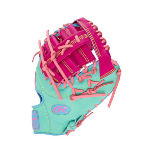 Front view of a teal and pink first base mitt featuring light pink laces, a teal and pink Rawlings "R" logo, and a "Rawlings" wrist patch.