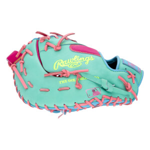 Back view of a teal first base mitt featuring pink laces, neon yellow "Rawlings" and "THE GOLD GLOVE" embroidery, and a pink MLB logo.