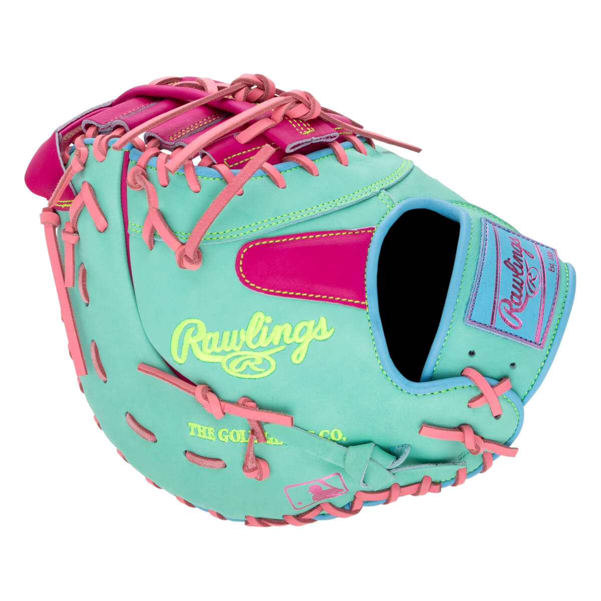 Back view of a teal first base mitt featuring pink laces and "Rawlings" in neon yellow on the shell and on a pink and blue wrist patch.
