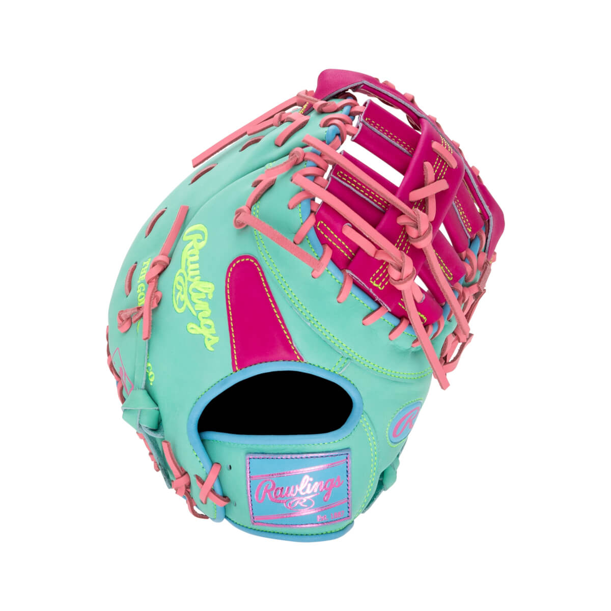 Back view of a mint green first base mitt with pink and light blue accents, pink laces, and the yellow "Rawlings" script logo and "Est. 1887" patch.