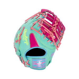 Back view of a mint green first base mitt with pink and light blue accents, pink laces, and the yellow "Rawlings" script logo and "Est. 1887" patch.