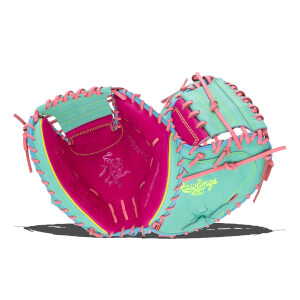 Front and back views of a teal and hot pink mitt with pink laces, featuring the "Rawlings" script and "Heart of the Hide" bull logo.