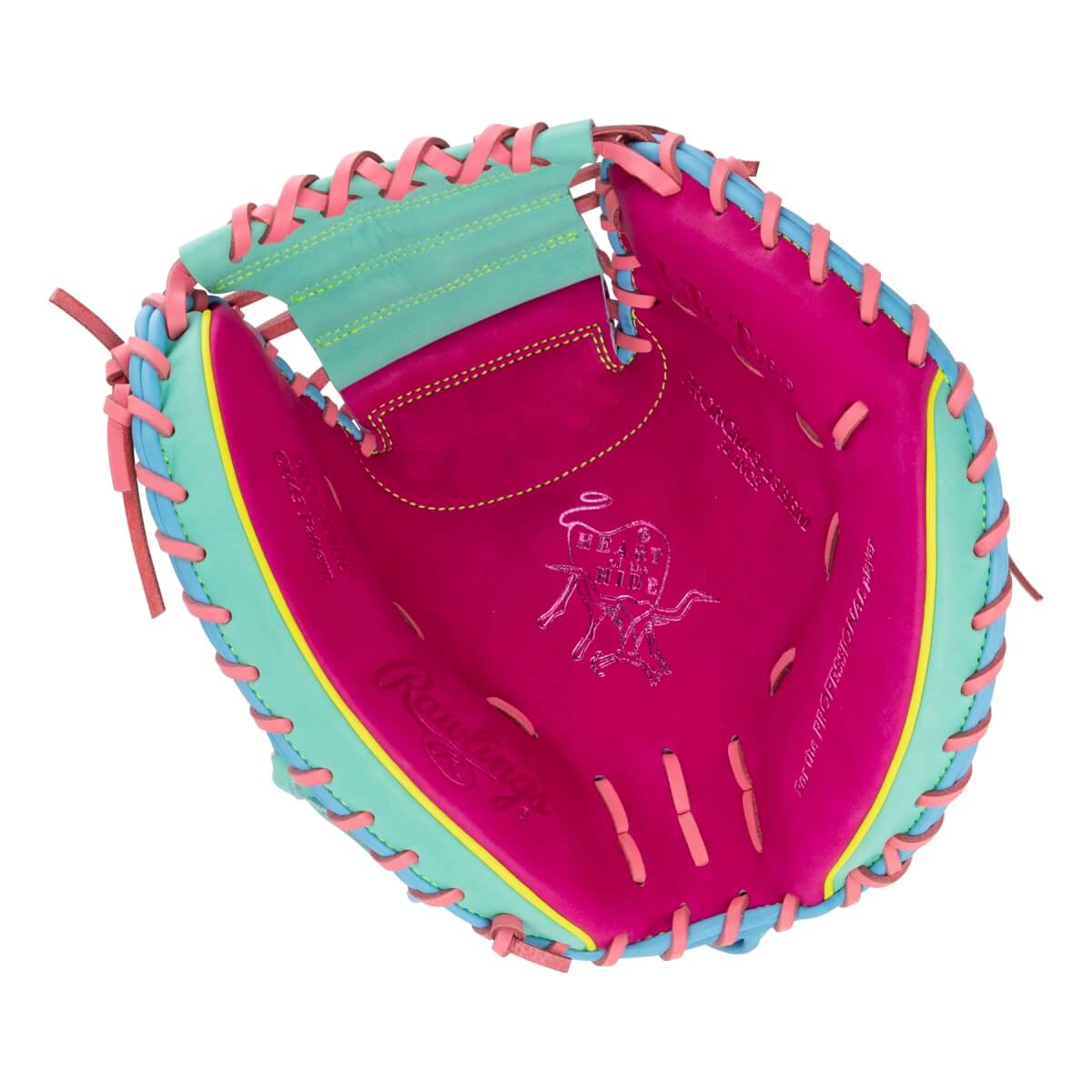 Front view of a 34-inch catcher's mitt with a pink palm, mint green trim, and blue and pink laces, featuring stamped Rawlings and Heart of the Hide logos.