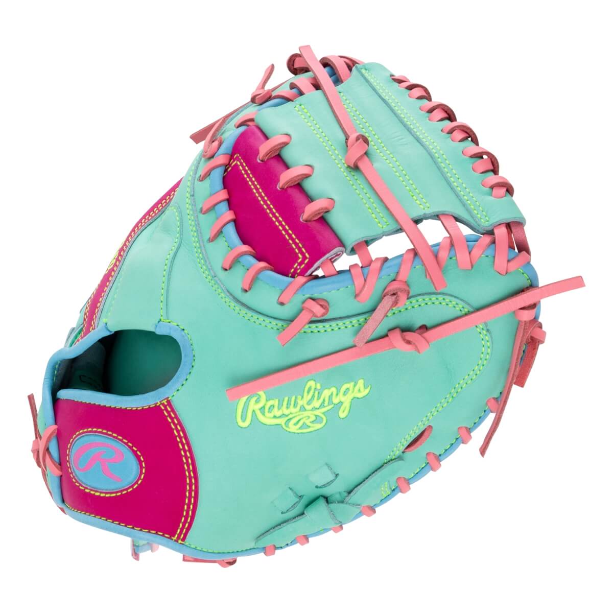 Back view of a mint green catcher's mitt with pink laces, featuring a lime green Rawlings script logo and a pink wrist patch with a light blue R logo.