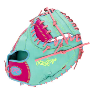 Back view of a mint green catcher's mitt with pink laces, featuring a lime green Rawlings script logo and a pink wrist patch with a light blue R logo.