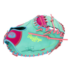 Back view of a mint green catcher's mitt featuring bright pink and blue accents, pink lacing, and "Rawlings" in neon yellow script.