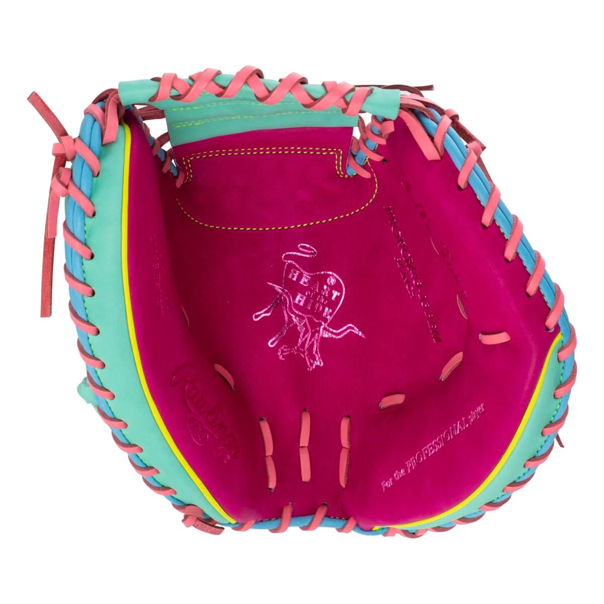 Front view of a magenta catcher's mitt with pink laces and teal trim, featuring "Rawlings", "Heart of the Hide", and "For the PROFESSIONAL player" embossed on the palm.