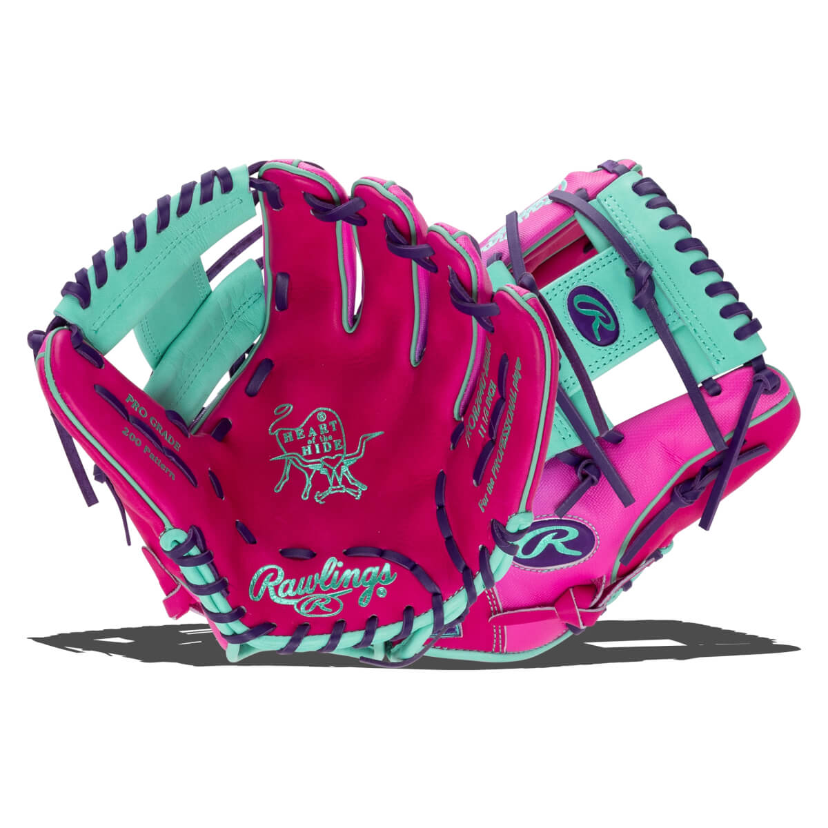 Front view of a pink and teal Rawlings baseball glove with purple lacing and "Rawlings" logo.