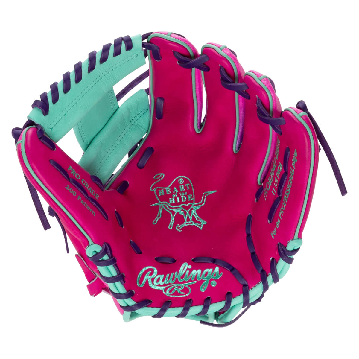 Front view of a pink baseball glove with teal and purple accents, showing the Rawlings logo and "Heart of the Hide" emblem.