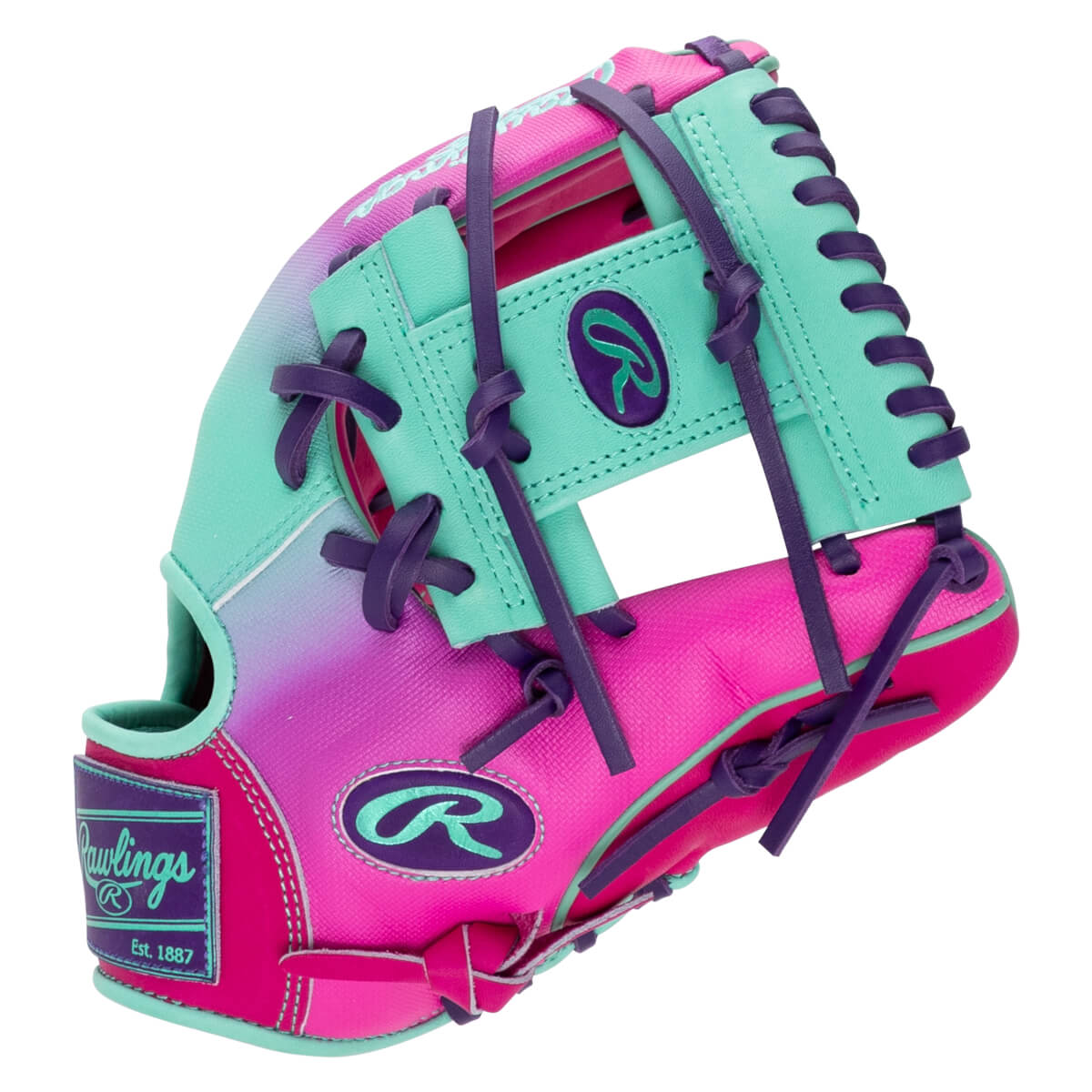 Side view of a pink, purple, and teal Rawlings baseball glove with a "Rawlings Est. 1887" patch.
