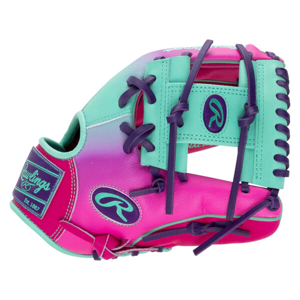Side view of a pink, purple, and teal Rawlings baseball glove with "Rawlings Est. 1887" on the wrist strap.