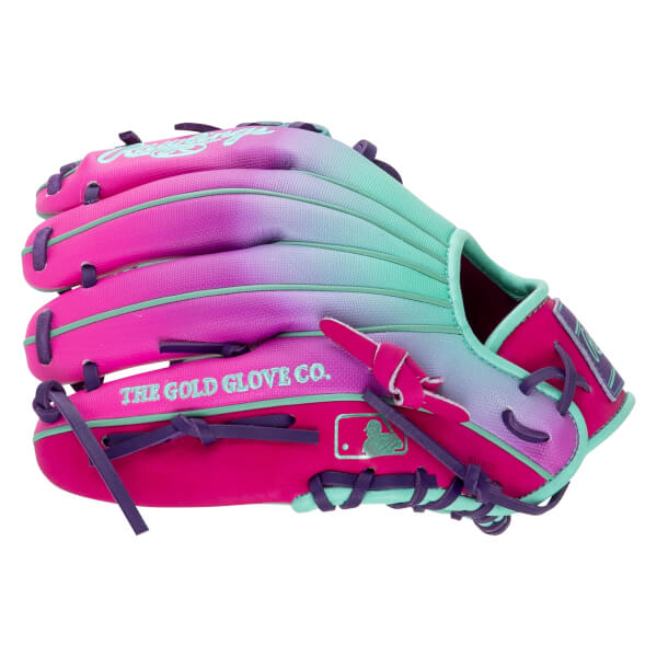 Side view of a pink, purple, and teal baseball glove with "THE GOLD GLOVE CO." and MLB logo.