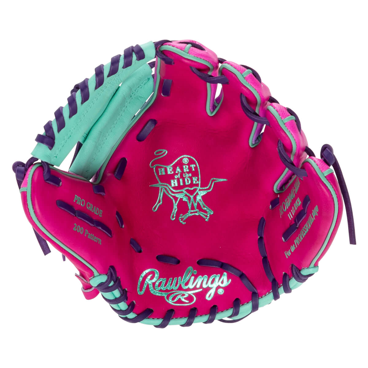 Front view of a pink baseball glove with teal and purple lacing, featuring "Rawlings" and "Heart of the Hide" logos.