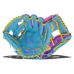 Front view of a blue, pink, and purple Rawlings baseball glove with yellow lacing and "PRO GRADE 200 Pattern" text.