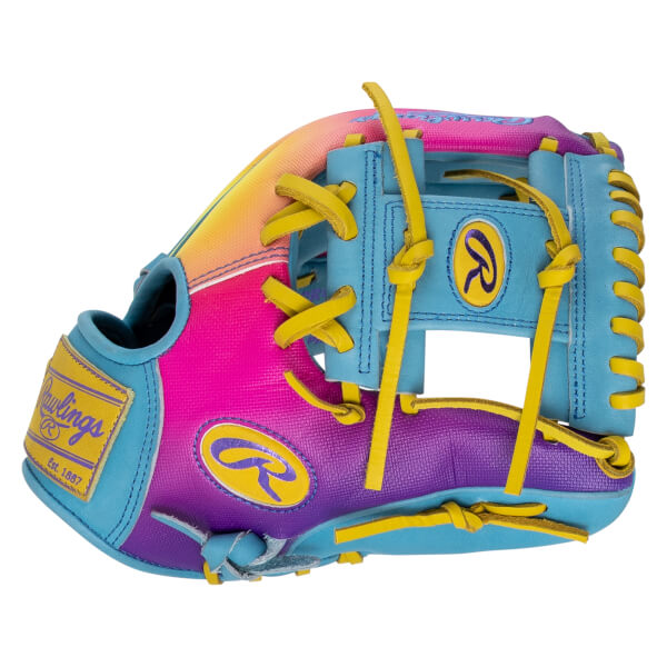 Side view of a colorful baseball glove with yellow laces, blue accents, and "Rawlings Est. 1887" text.