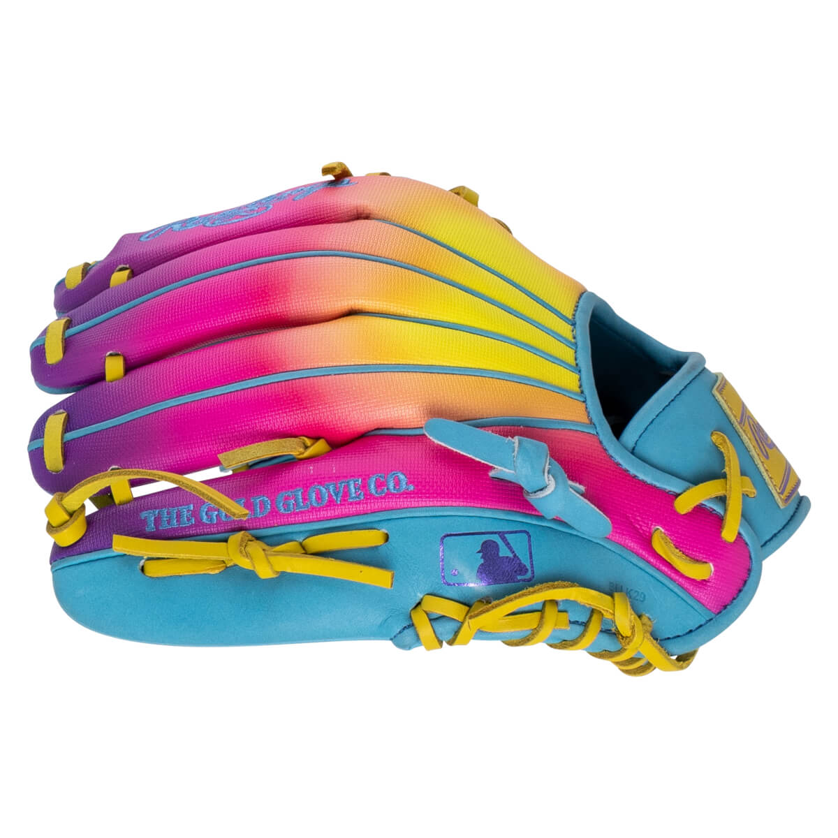 Side view of a baseball glove with a pink, yellow, and purple gradient, yellow laces, and "THE GOLD GLOVE CO." text.