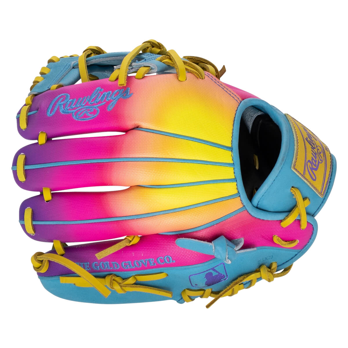 Top-down view of a Rawlings baseball glove with a pink, yellow, and blue ombre design and yellow lacing.