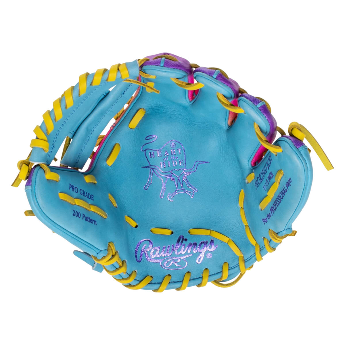Front view of a blue baseball glove with yellow and purple lacing, featuring "Rawlings" and "Heart of the Ride" logos.