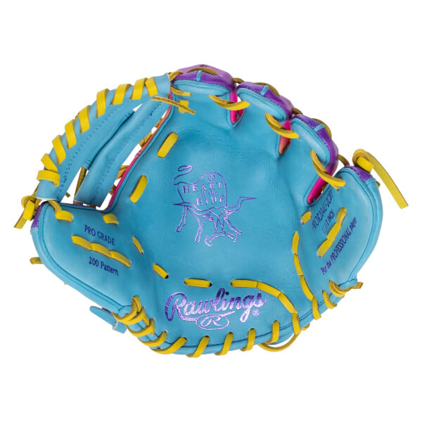 Front view of a blue baseball glove with yellow and purple lacing, featuring "Rawlings" and "Heart of the Ride" logos.