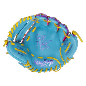 Front view of a blue baseball glove with yellow and purple lacing, featuring "Rawlings" and "Heart of the Ride" logos.