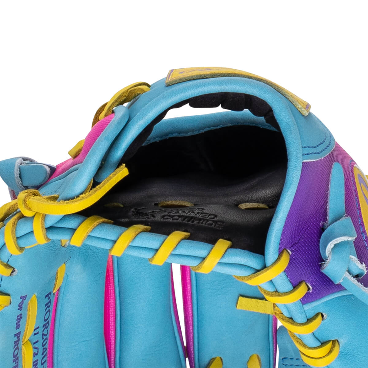 Close-up of a blue baseball glove with yellow lacing, pink accents, and purple detailing.