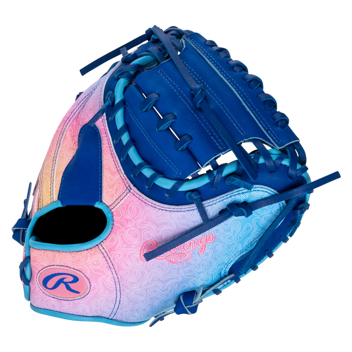 Front view of a baseball glove with a pink, purple, and blue gradient pattern, a Rawlings logo, and blue lacing.