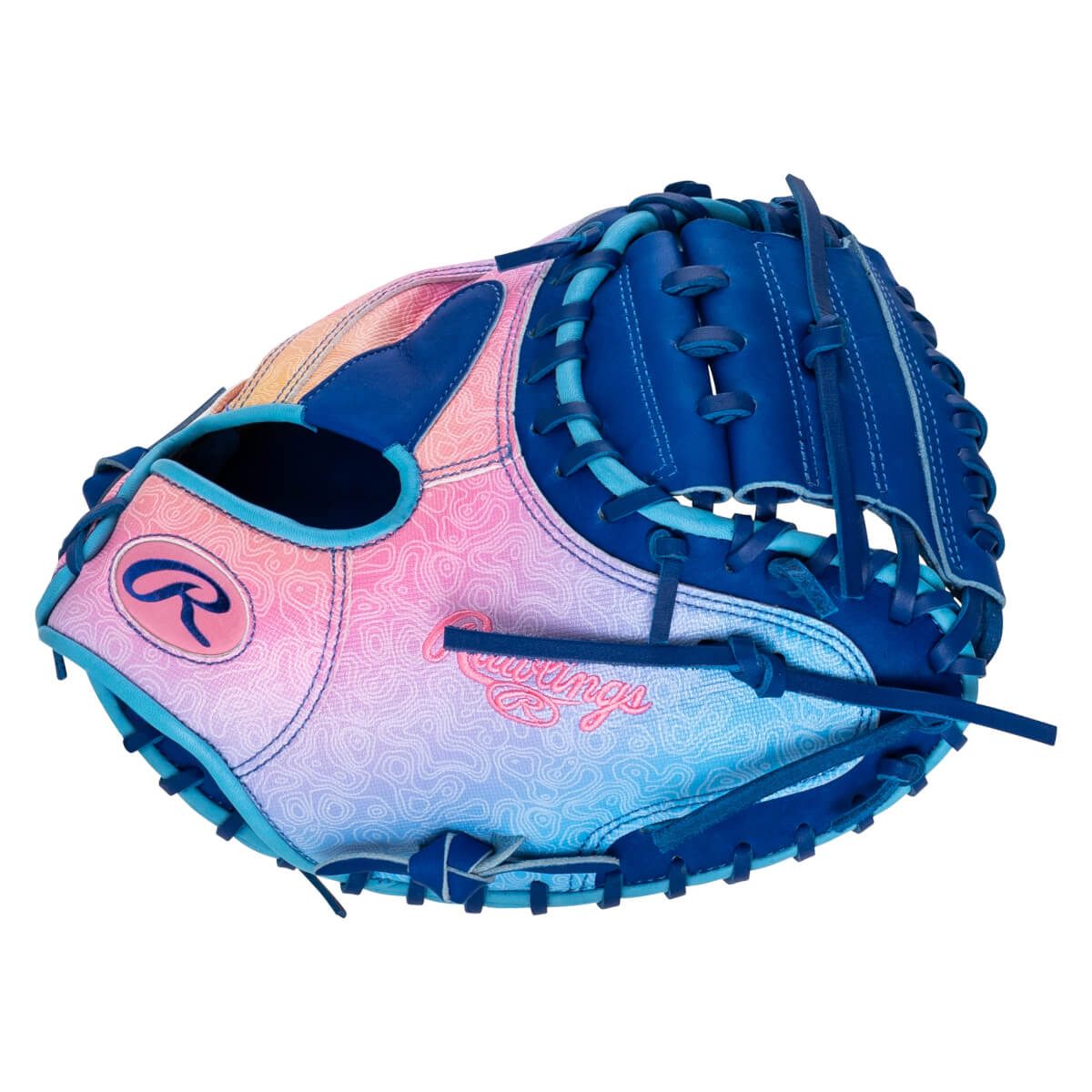 Top-down view of a blue and pink Rawlings baseball glove with a topographical pattern and a "Rawlings" script logo.
