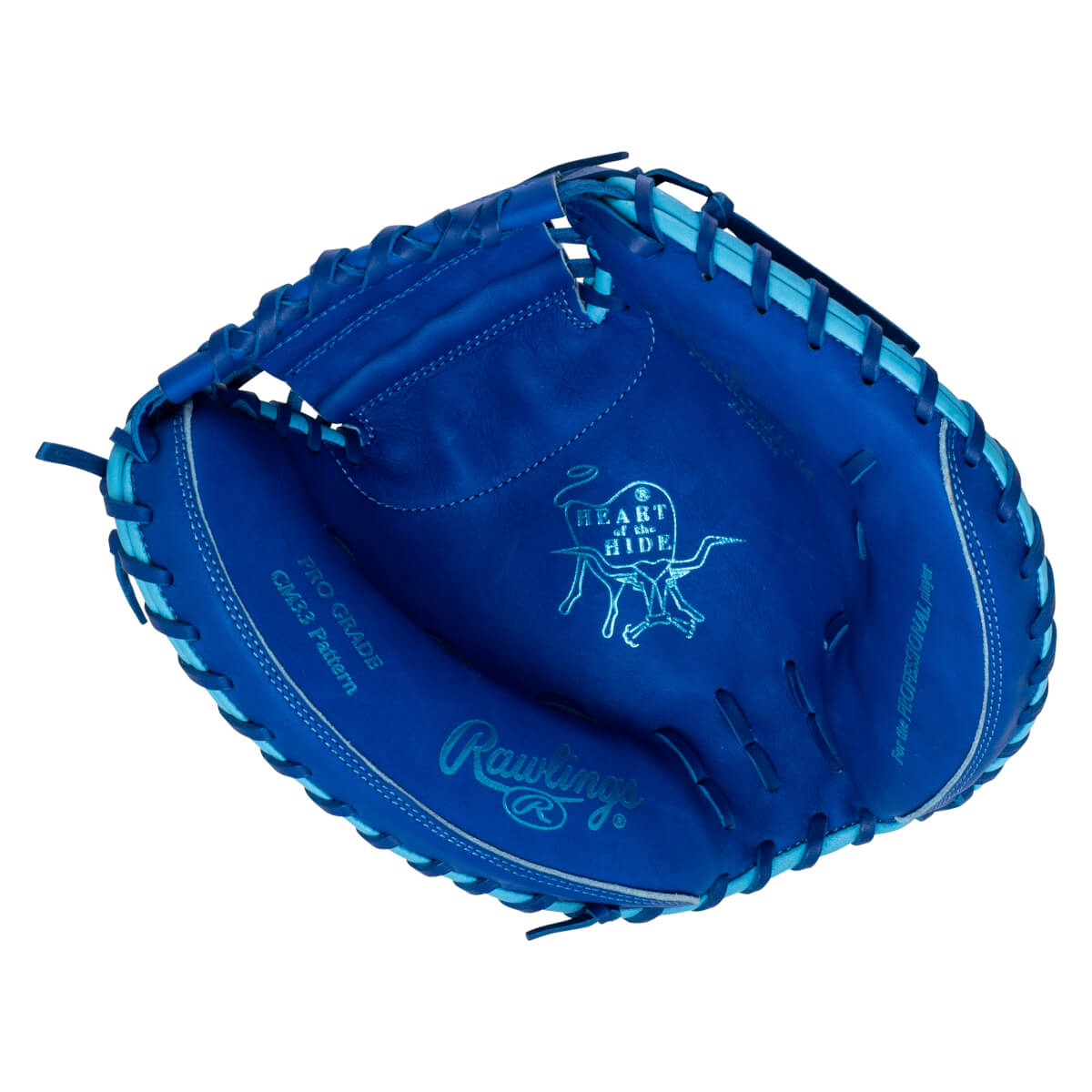 Top-down view of a blue Rawlings baseball glove with "PRO GRADE CM33 Pattern" and "For the PROFESSIONAL player" text.