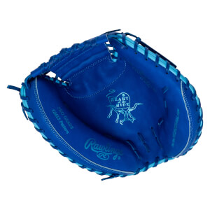 Top-down view of a blue Rawlings baseball glove with "PRO GRADE CM33 Pattern" and "For the PROFESSIONAL player" text.