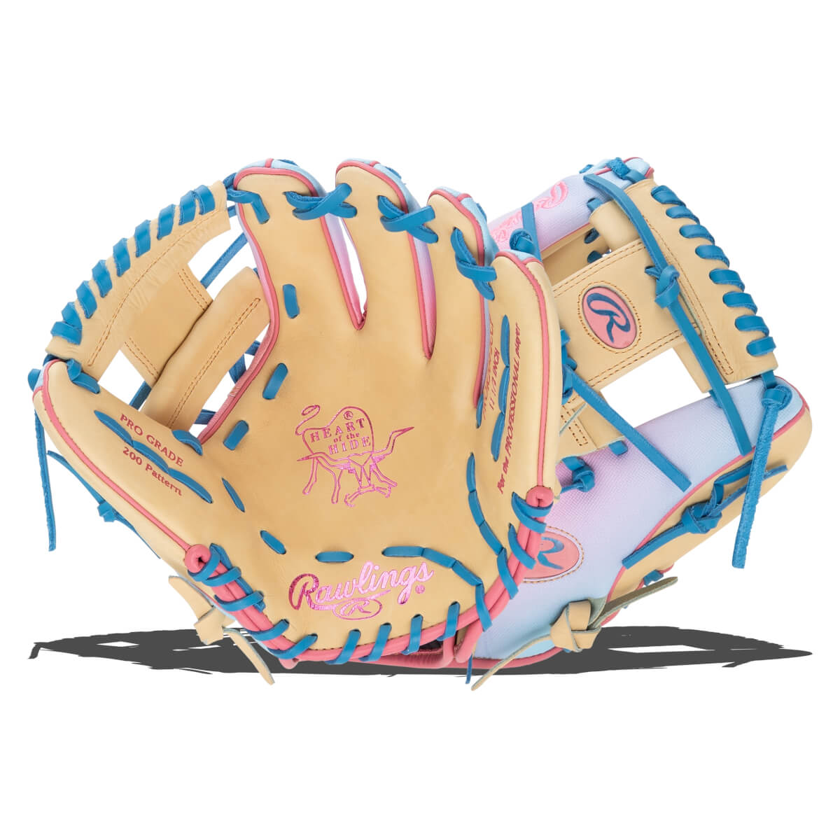 Front view of a tan baseball glove with pink and blue lacing, featuring "Rawlings" and "PRO GRADE 200 Pattern" text.