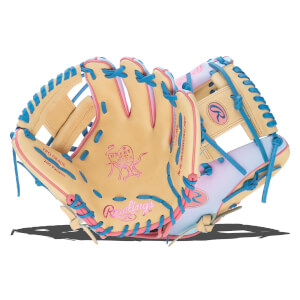 Front view of a tan baseball glove with pink and blue lacing, featuring "Rawlings" and "PRO GRADE 200 Pattern" text.