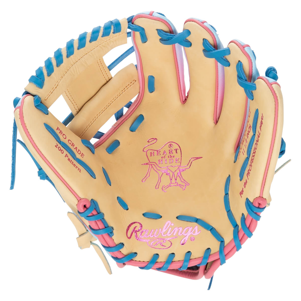 Top-down view of a tan baseball glove with pink and blue lacing, featuring "PRO GRADE 200 Pattern" and "Rawlings" logos.