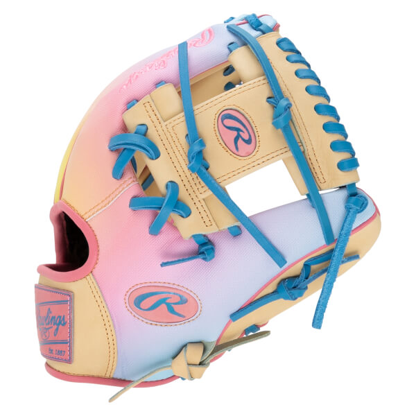 Front view of a baseball glove with a pink, yellow, and blue gradient, featuring blue lacing and a Rawlings logo.