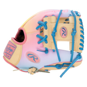 Front view of a baseball glove with a pink, yellow, and blue ombre design, featuring blue laces and a Rawlings logo.