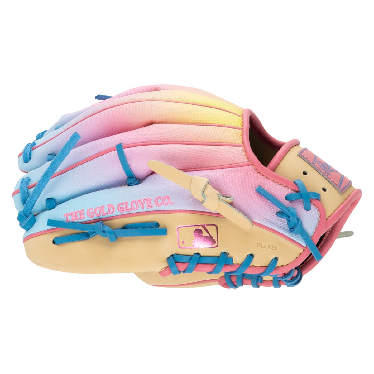 Side view of a baseball glove with a pink, purple, and yellow ombre design, blue laces, and "THE GOLD GLOVE CO." text.