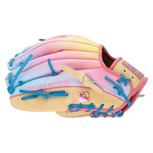 Side view of a baseball glove with a pink, purple, and yellow ombre design, blue laces, and "THE GOLD GLOVE CO." text.