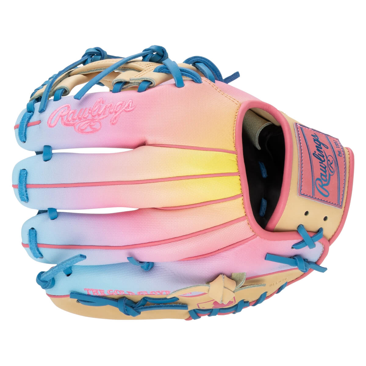 Top-down view of a Rawlings baseball glove with a pink, yellow, and blue gradient, and blue lacing.
