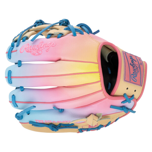 Top-down view of a Rawlings baseball glove with a pink, yellow, and blue gradient, and blue lacing.