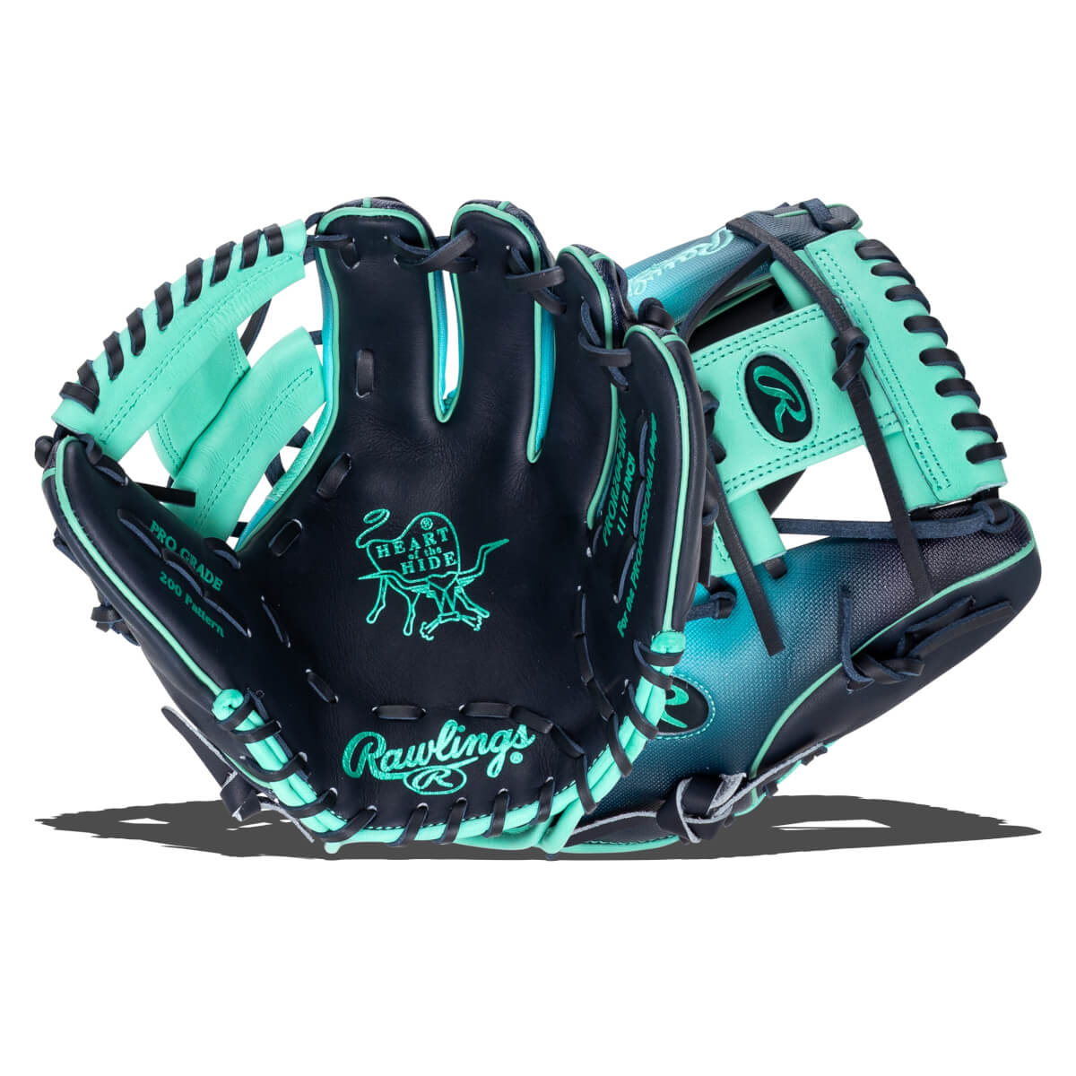 Front view of a navy and teal Rawlings baseball glove with "PRO GRADE" and "200 Pattern" text.
