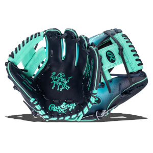 Front view of a navy and teal Rawlings baseball glove with "PRO GRADE" and "200 Pattern" text.
