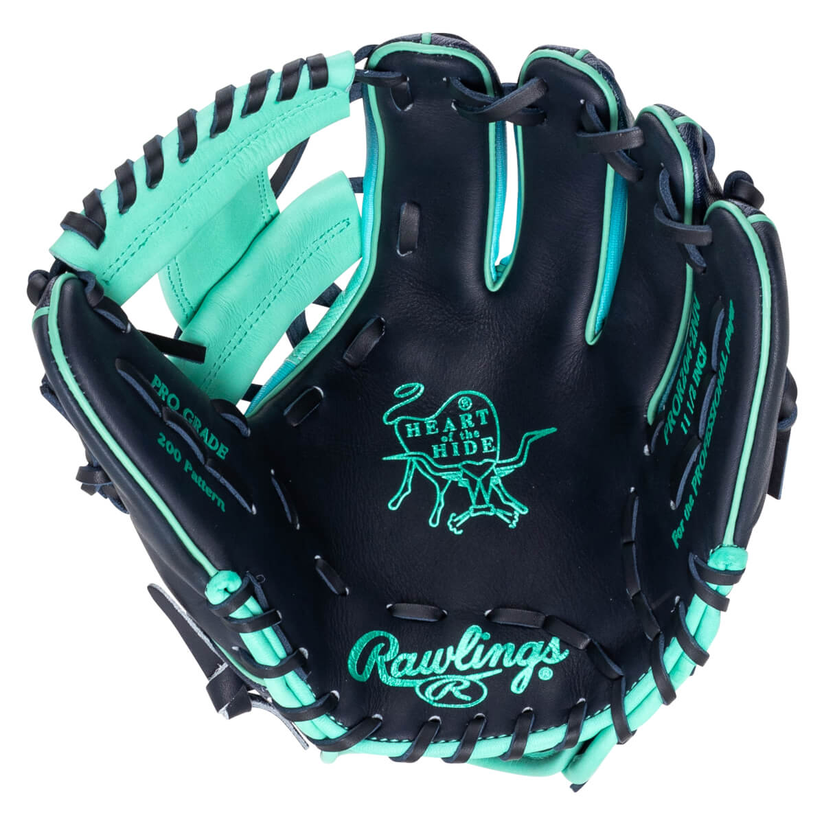 Top-down view of a navy baseball glove with teal accents, featuring the Rawlings logo and "Heart of the Hide" branding.