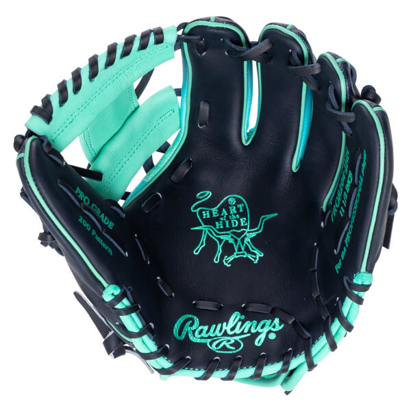 Top-down view of a navy baseball glove with teal accents, featuring the Rawlings logo and "Heart of the Hide" branding.