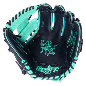 Top-down view of a navy baseball glove with teal accents, featuring the Rawlings logo and "Heart of the Hide" branding.