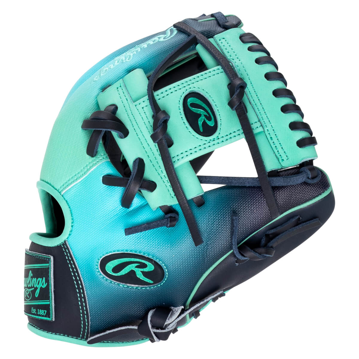 Front view of a teal and navy Rawlings baseball glove with a Rawlings logo and "Est. 1887" visible.