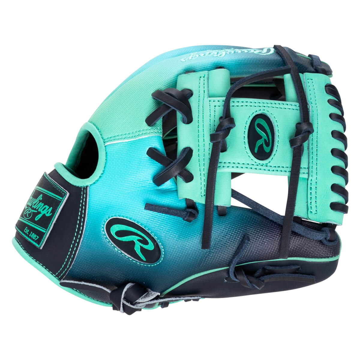 Side view of a teal and navy Rawlings baseball glove with a "Rawlings Est. 1887" patch and a green "R" logo.