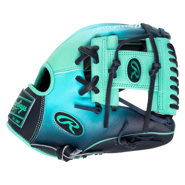 Side view of a teal and navy Rawlings baseball glove with a "Rawlings Est. 1887" patch and a green "R" logo.